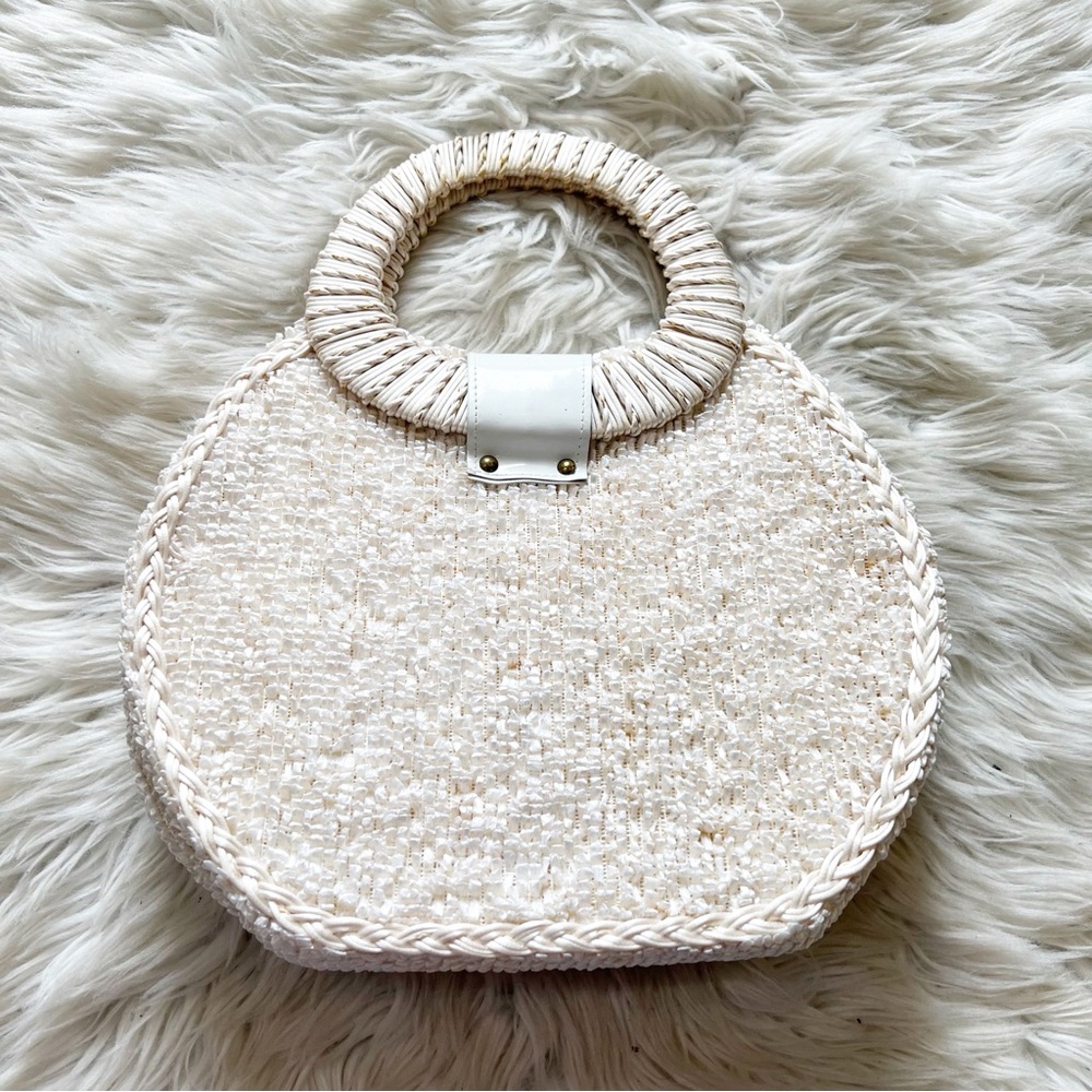 Vintage Made in Japan Cream & Blue Floral Appliqué Turn Lock Handbag - Picture 2 of 7